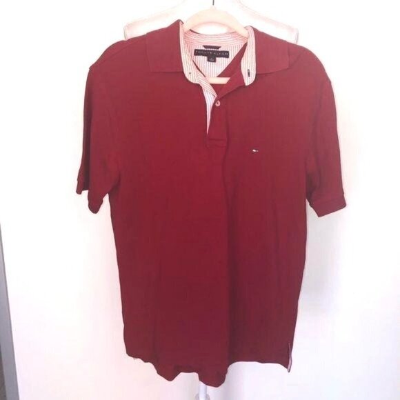 Tommy Hilfiger Polo Shirt Medium Mens Red Cotton Striped Trim On Neck Side Slits - Picture 7 of 10